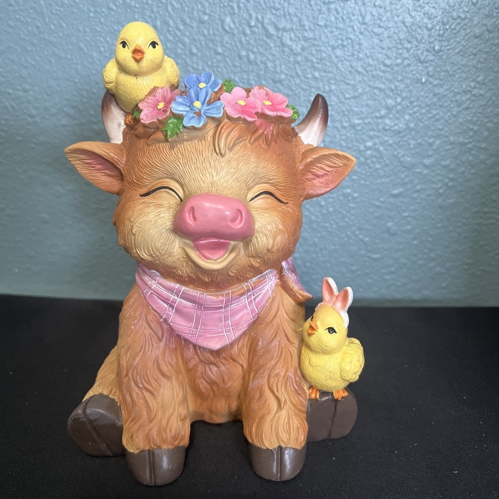 Easter Highland Cow Resin Statue Figurine 7" w/ Chicks Flowers Spring Decor NEW